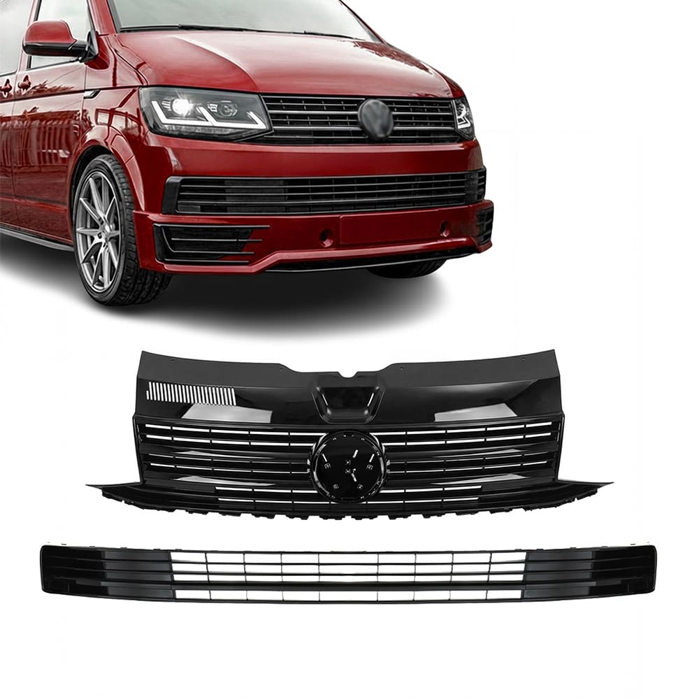 Frontgrill øvre + nedre grill VW Transporter T6 (2015–2019) uten PDC blank svart