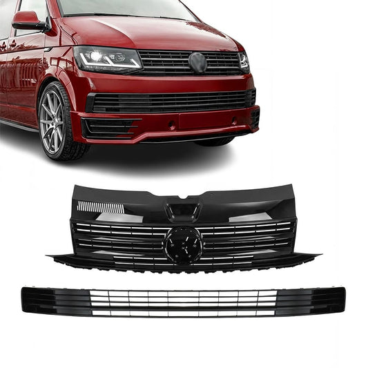 Frontgrill øvre + nedre grill VW Transporter T6 (2015–2019) uten PDC blank svart
