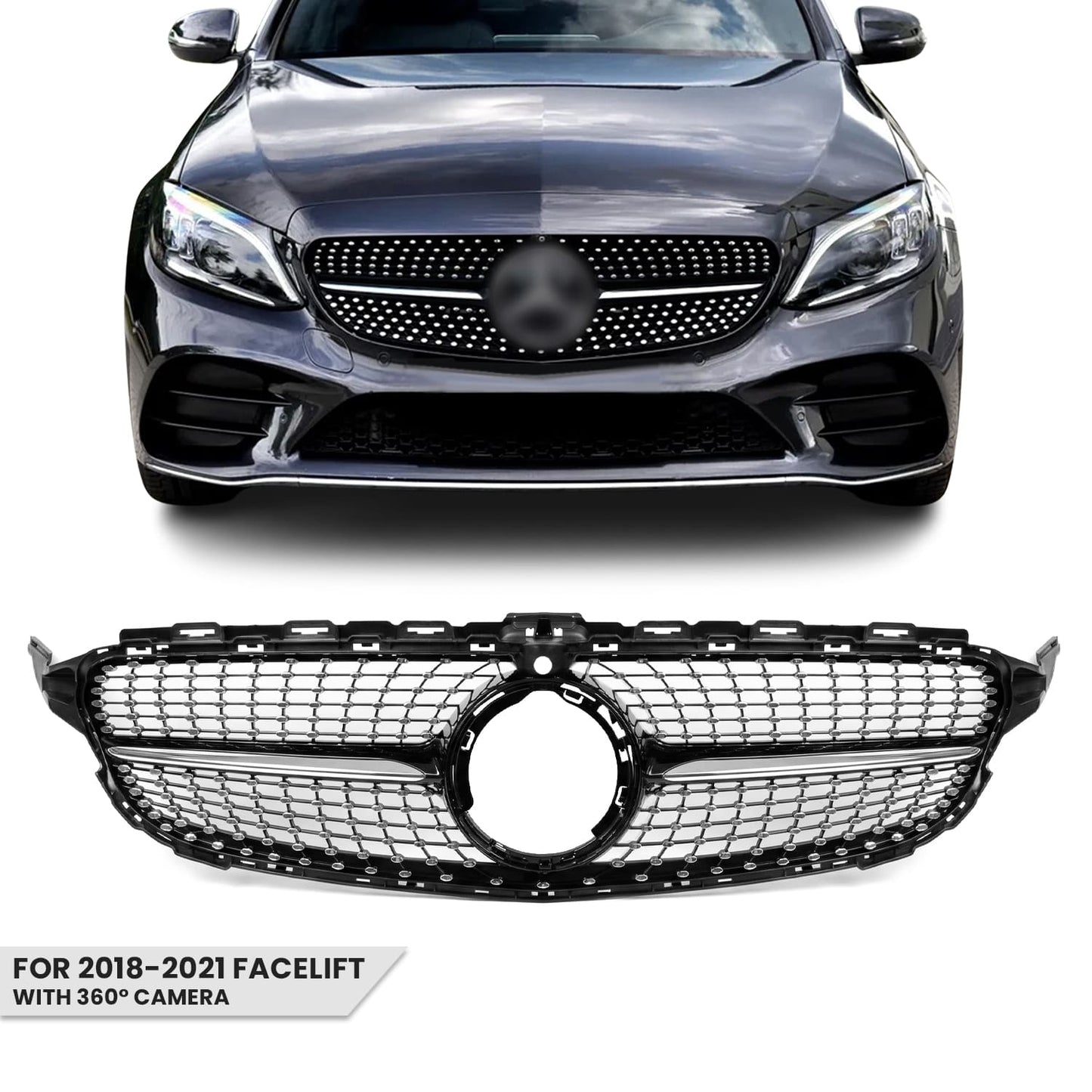 Diamantfrontgrill Mercedes med kamera W205 / S205 / C205 Blank svart (18-21)