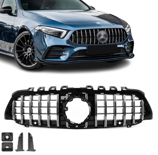 Panamericana GT-stil grill Mercedes A-klasse V117/W117 krom + blank svart (18-22)